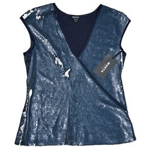 Worth New York Sequins Silk Holiday Top Size 2 Navy/White  NWTWorth New York Seq